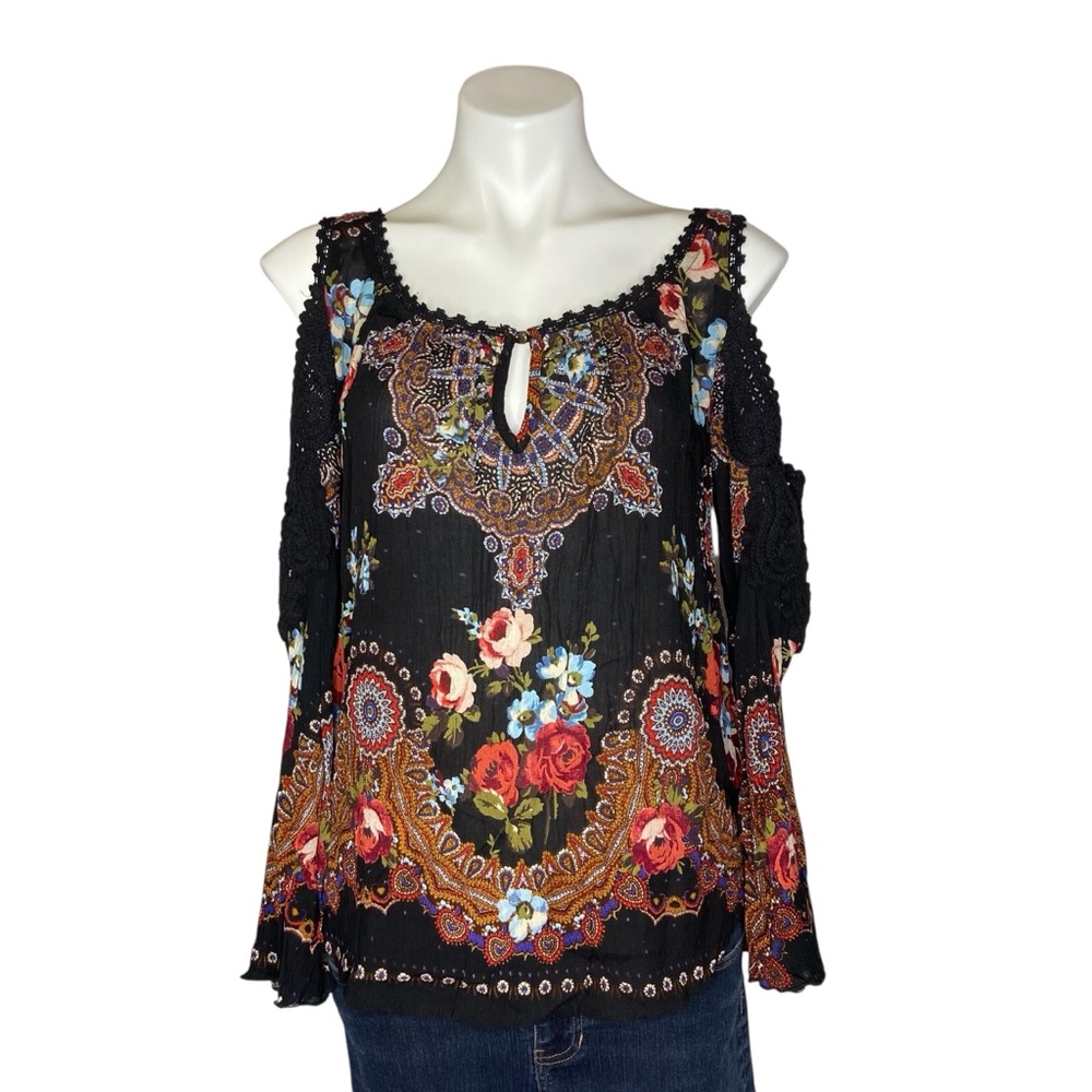 BILA Cold Shoulder Crochet Bohemian Floral Print Blouse Top Keyhole Small